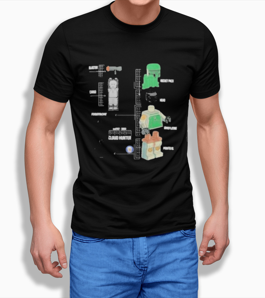 Studstache Cloud Hunter Blueprint With Block Figures And Sci Fi T-Shirt