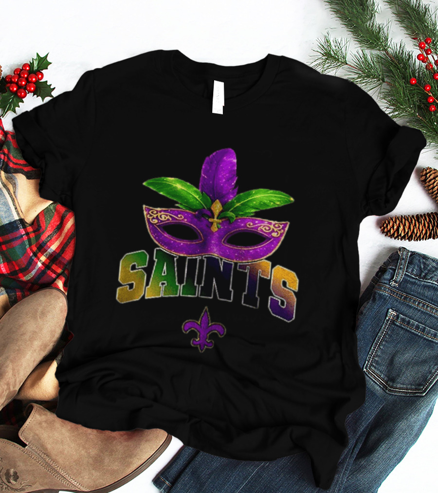 New Orleans Saints Mardi Gras Mask Fleur De Lis T-Shirt