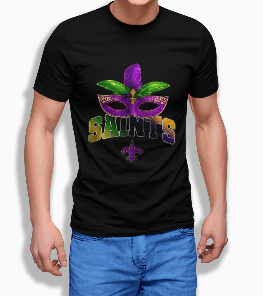 New Orleans Saints Mardi Gras Mask Fleur De Lis T-Shirt