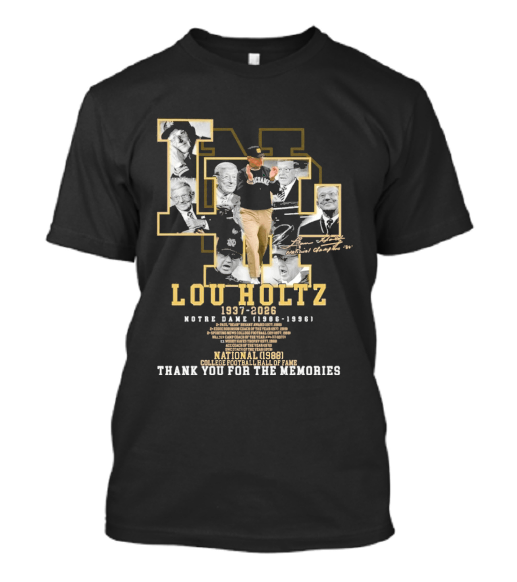 Notre Dame Lou Holtz 1937 2026 Thank You For The Memories College Football Hall Of Fame National Champions T-Shirt