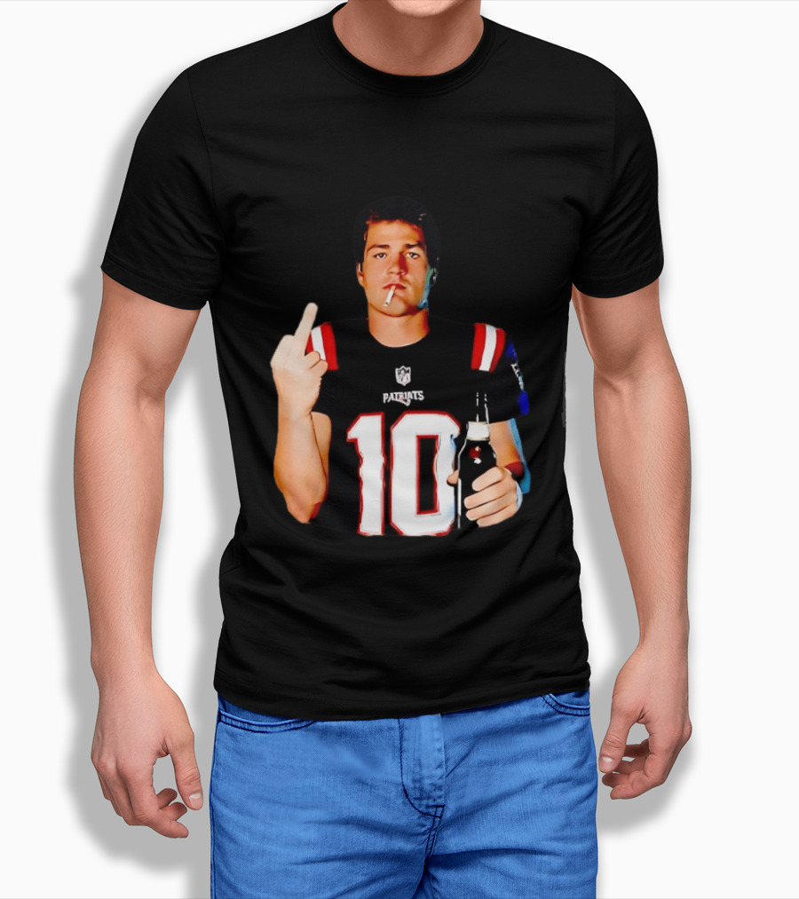 Drake Maye Middle Finger Smoking Holding Beer Can New England Patriots 10 T-Shirt