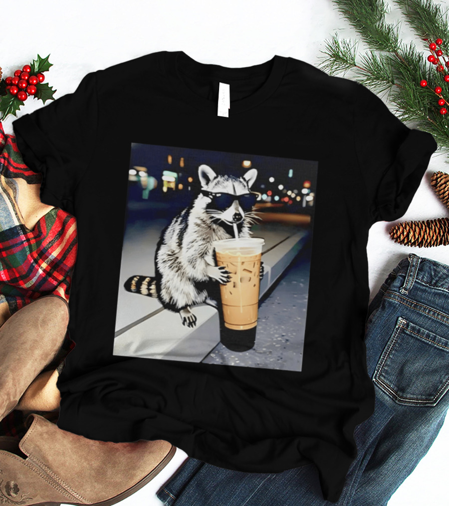 Raccoon Wearing Sunglasses Enjoying Iced Coffee Night Scene T-Shirt