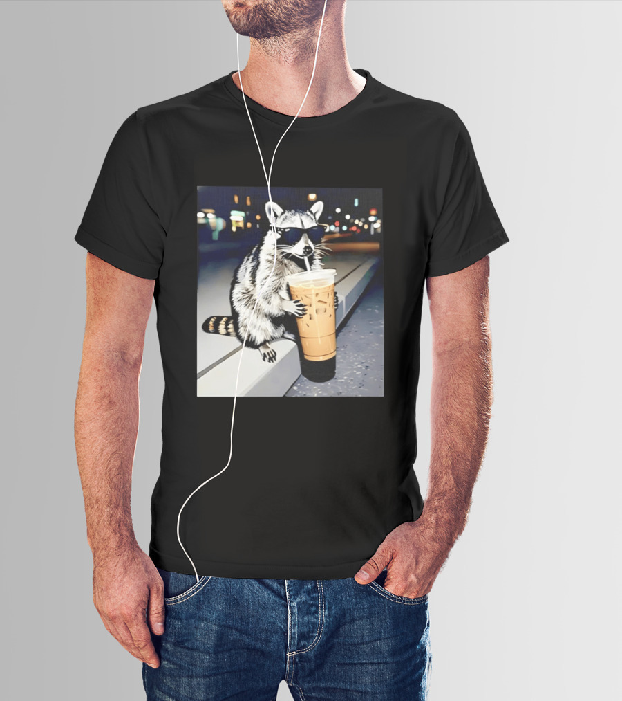 Raccoon Wearing Sunglasses Enjoying Iced Coffee Night Scene T-Shirt
