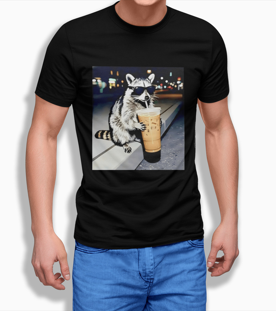 Raccoon Wearing Sunglasses Enjoying Iced Coffee Night Scene T-Shirt