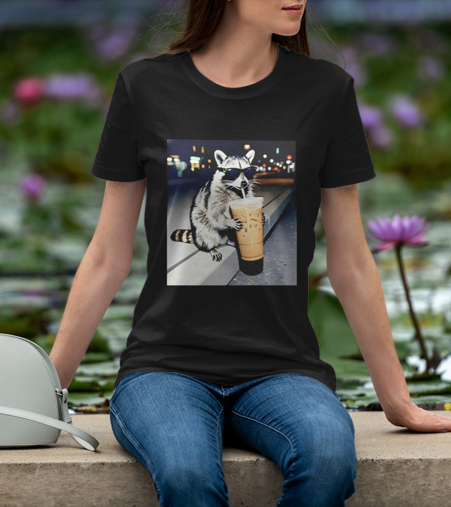 Raccoon Wearing Sunglasses Enjoying Iced Coffee Night Scene T-Shirt