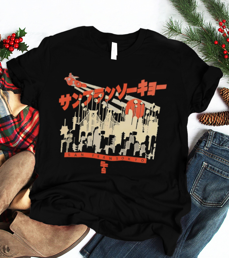 Sanfrasokyo Cityscape Fusion With Japanese Text And Baymax Figure T-Shirt