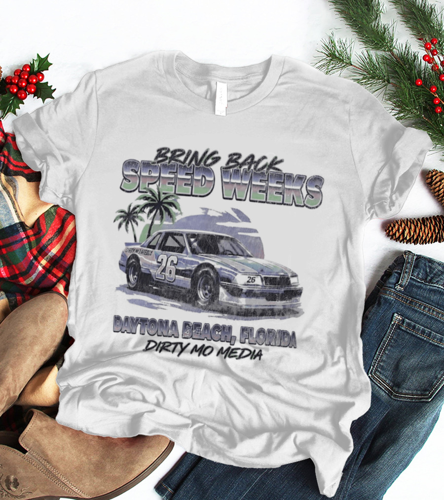 Bring Back Speed Weeks Daytona Beach Florida Dirty Mo Media Racing Car Palm Trees T-Shirt