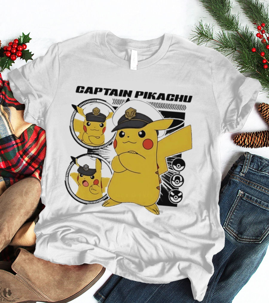 Captain Pikachu Cartoon Character With Hat And Expressions T-Shirt