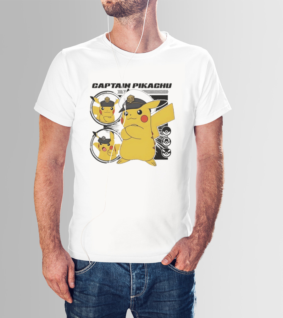 Captain Pikachu Cartoon Character With Hat And Expressions T-Shirt