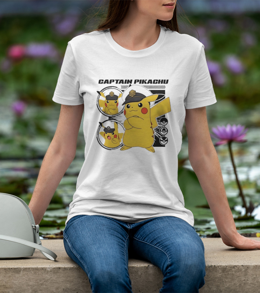 Captain Pikachu Cartoon Character With Hat And Expressions T-Shirt