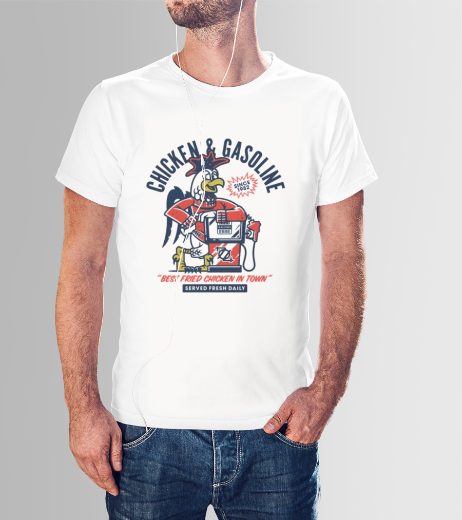 Chicken And Gasoline Best Fried Chicken In Town Since 1982 Retro Style Cartoon Rooster Pumping Gas T-Shirt