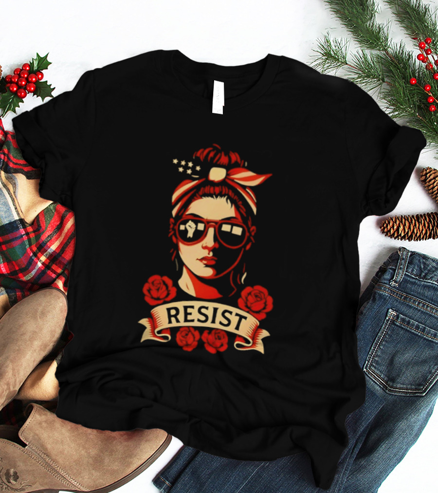 Patriotic Woman Resist American Flag Bandana And Glasses With Roses T-Shirt