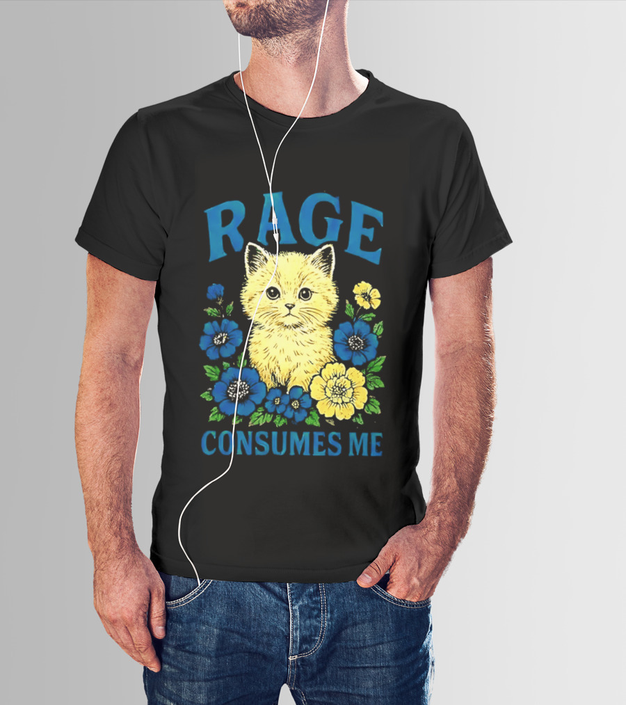 Rage Consumes Me Cat Surrounded By Blue And Yellow Flowers T-Shirt