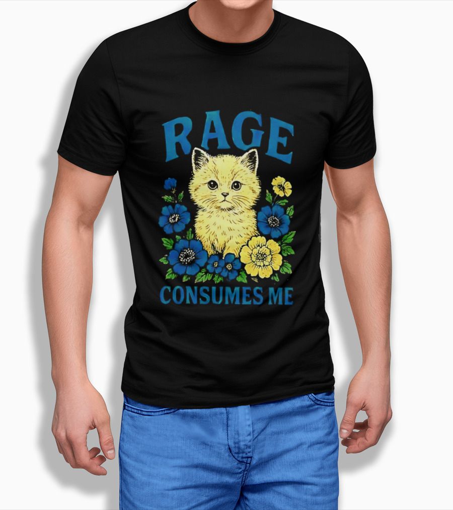 Rage Consumes Me Cat Surrounded By Blue And Yellow Flowers T-Shirt