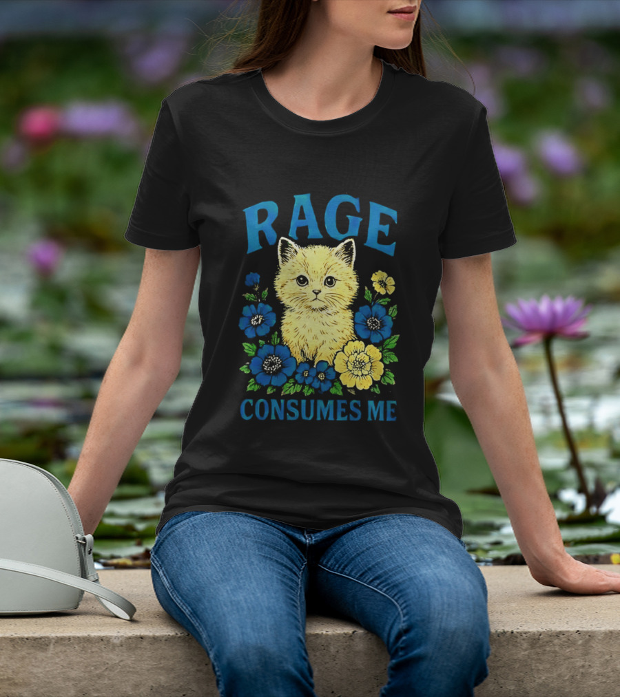 Rage Consumes Me Cat Surrounded By Blue And Yellow Flowers T-Shirt