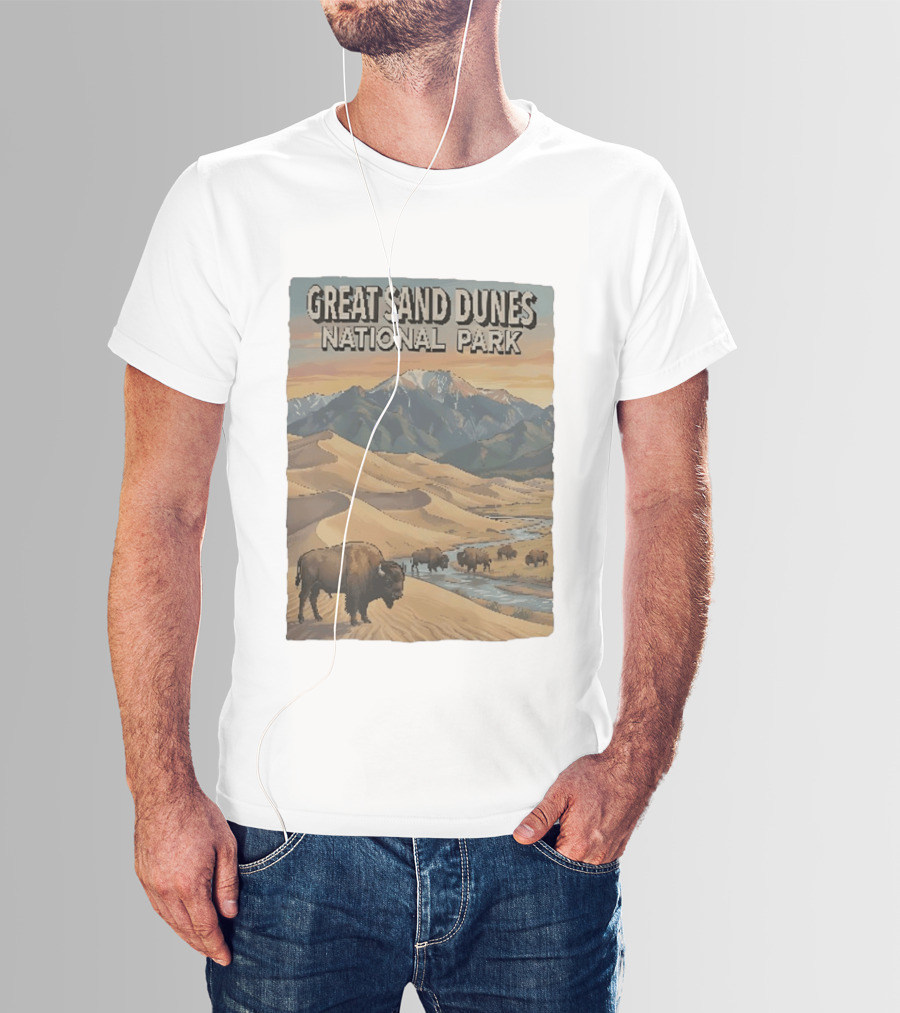 Great Sand Dunes National Park With Buffalo And Mountains Scene T-Shirt