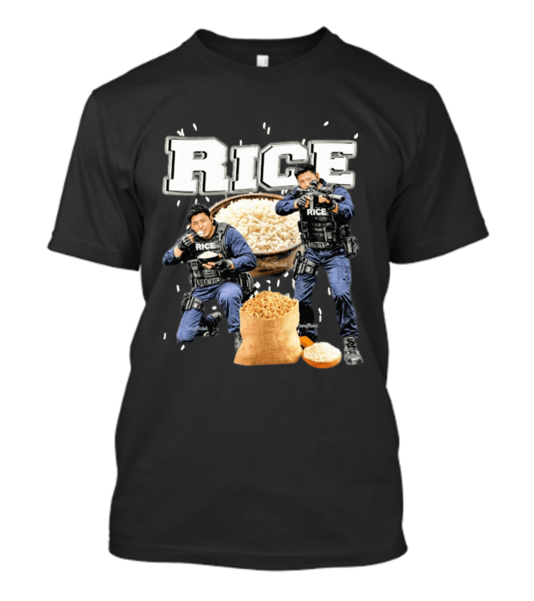 Rice Police Action Squad With Officers And Rice Bags T-Shirt