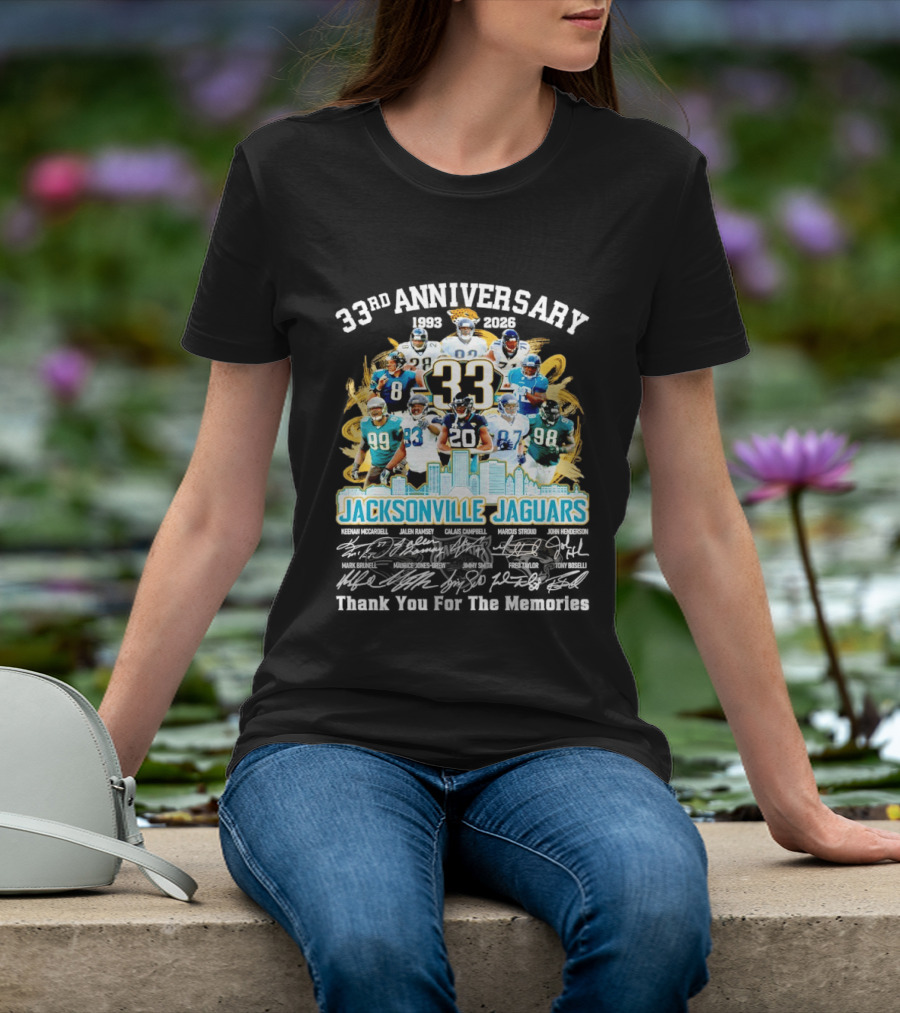 Jacksonville Jaguars 33rd Anniversary Players Collage City Skyline T-Shirt