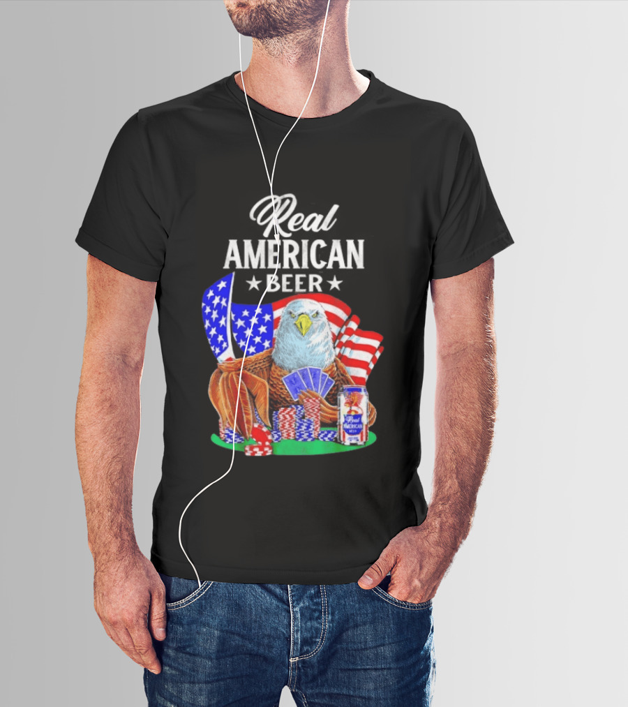 Real American Eagle Poker With Beer And Flag T-Shirt