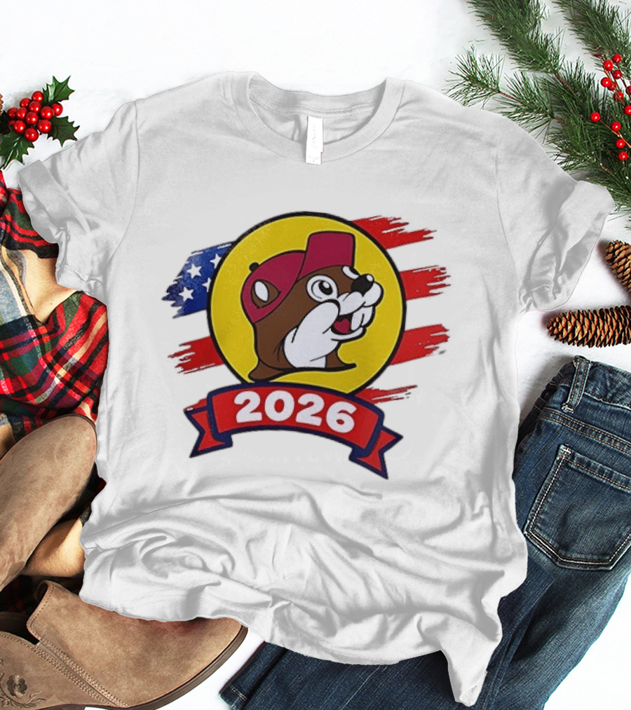 Buc Ee's 2026 Celebration With Iconic Beaver Emblem And American Flag T-Shirt