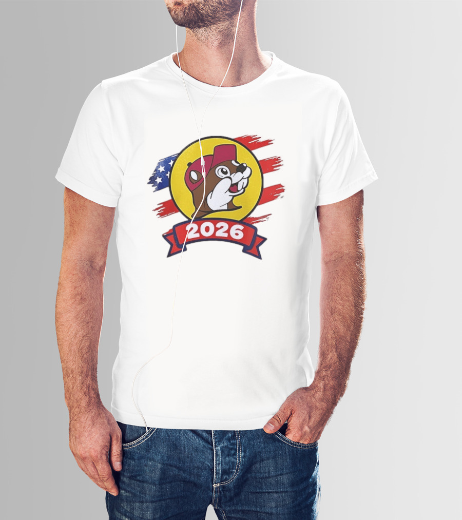 Buc Ee's 2026 Celebration With Iconic Beaver Emblem And American Flag T-Shirt