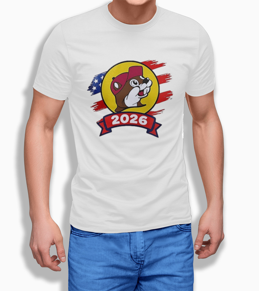Buc Ee's 2026 Celebration With Iconic Beaver Emblem And American Flag T-Shirt