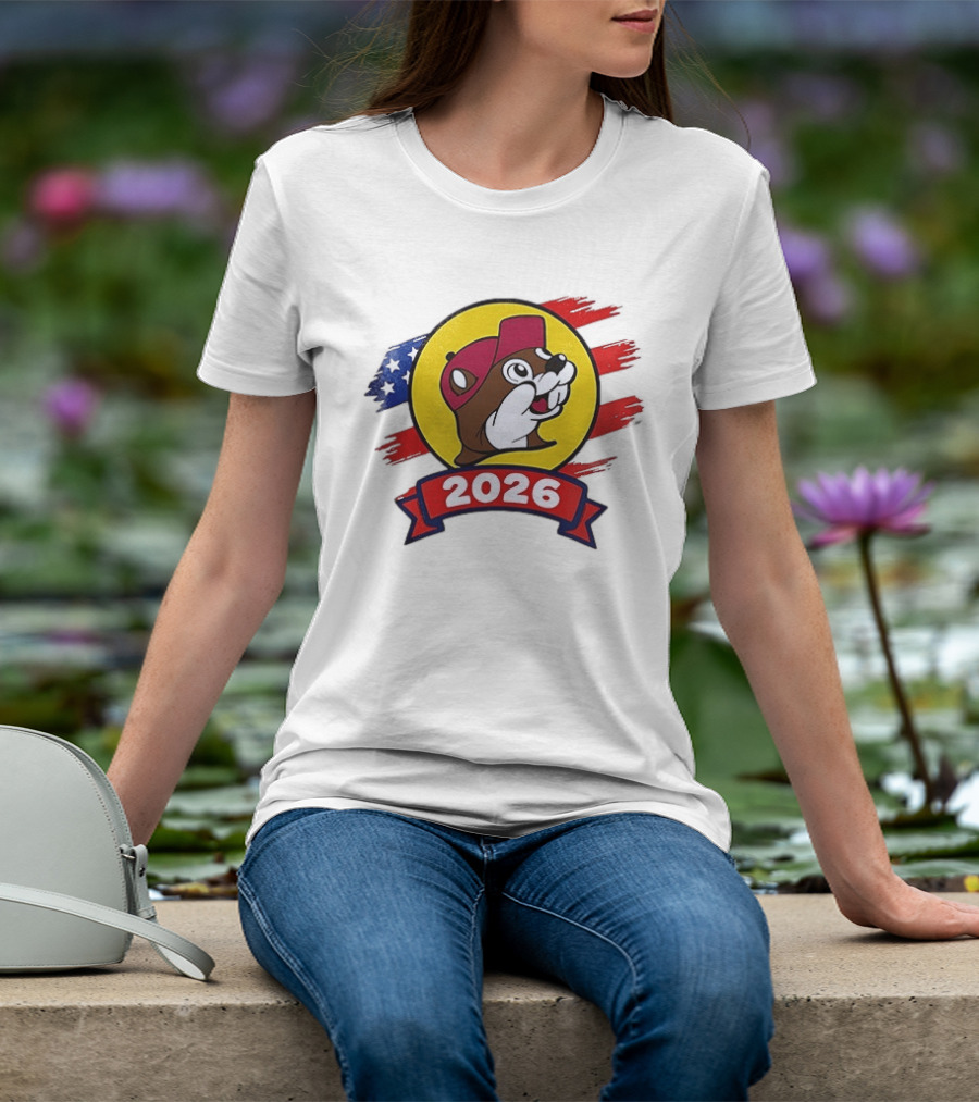Buc Ee's 2026 Celebration With Iconic Beaver Emblem And American Flag T-Shirt