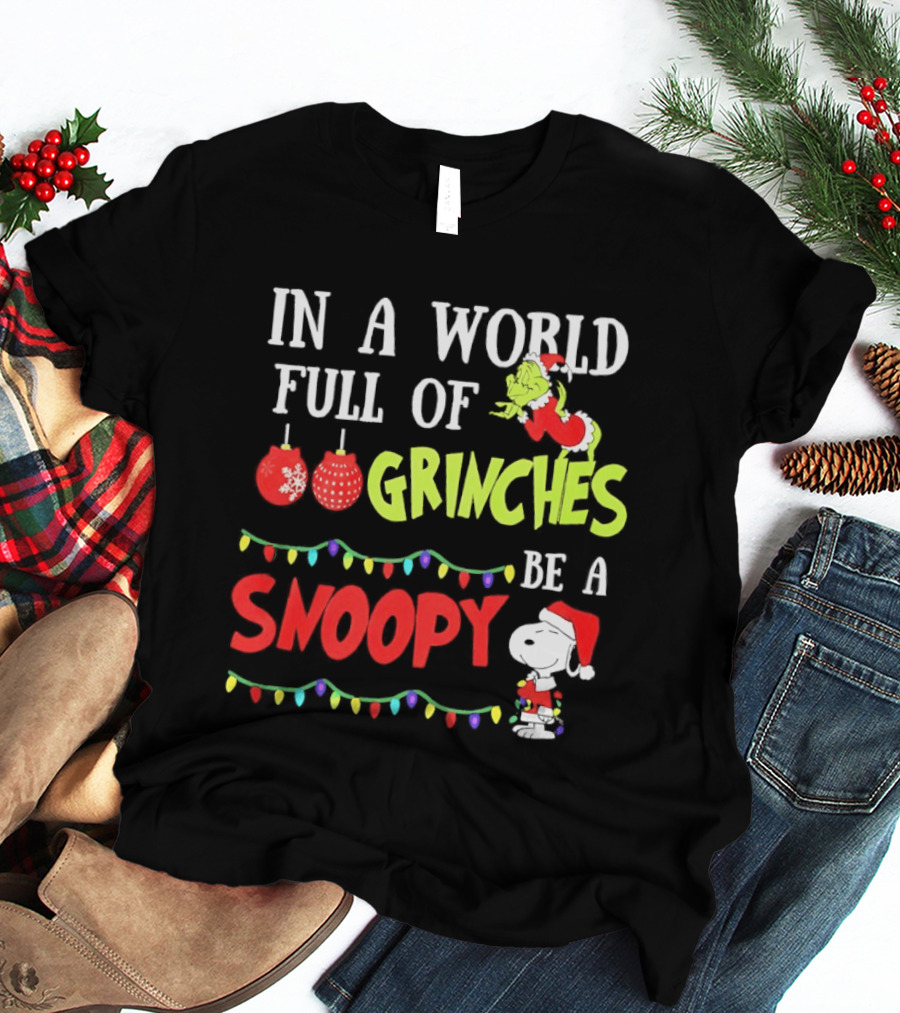 In A World Full Of Grinches Be A Snoopy Holiday Lights Santa Suit T-Shirt