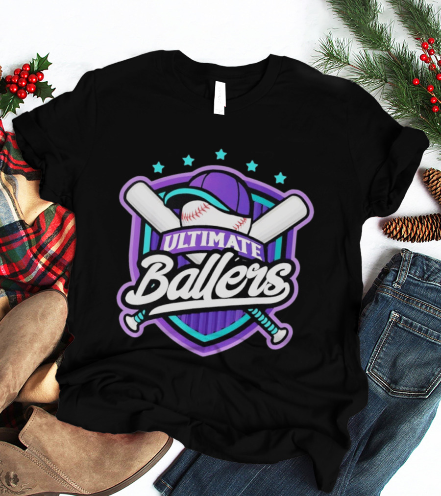 Ultimate Ballers Baseball Purple Cap Bats Retro Five Stars T-Shirt