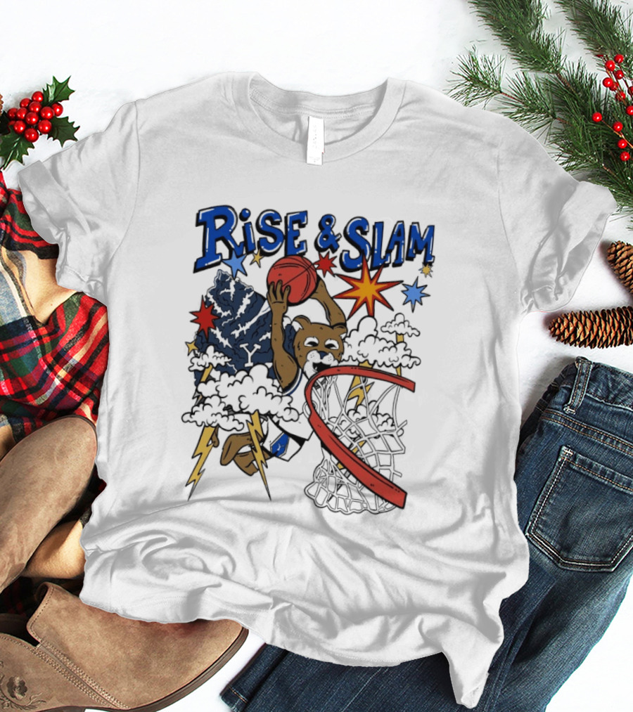 BYU Basketball Rise And Slam Flyin' Hoops Bear Dunking With Stars And Lightning T-Shirt
