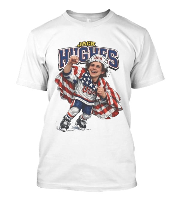 Jack Hughes USA Hockey Caricature American Flag T-Shirt