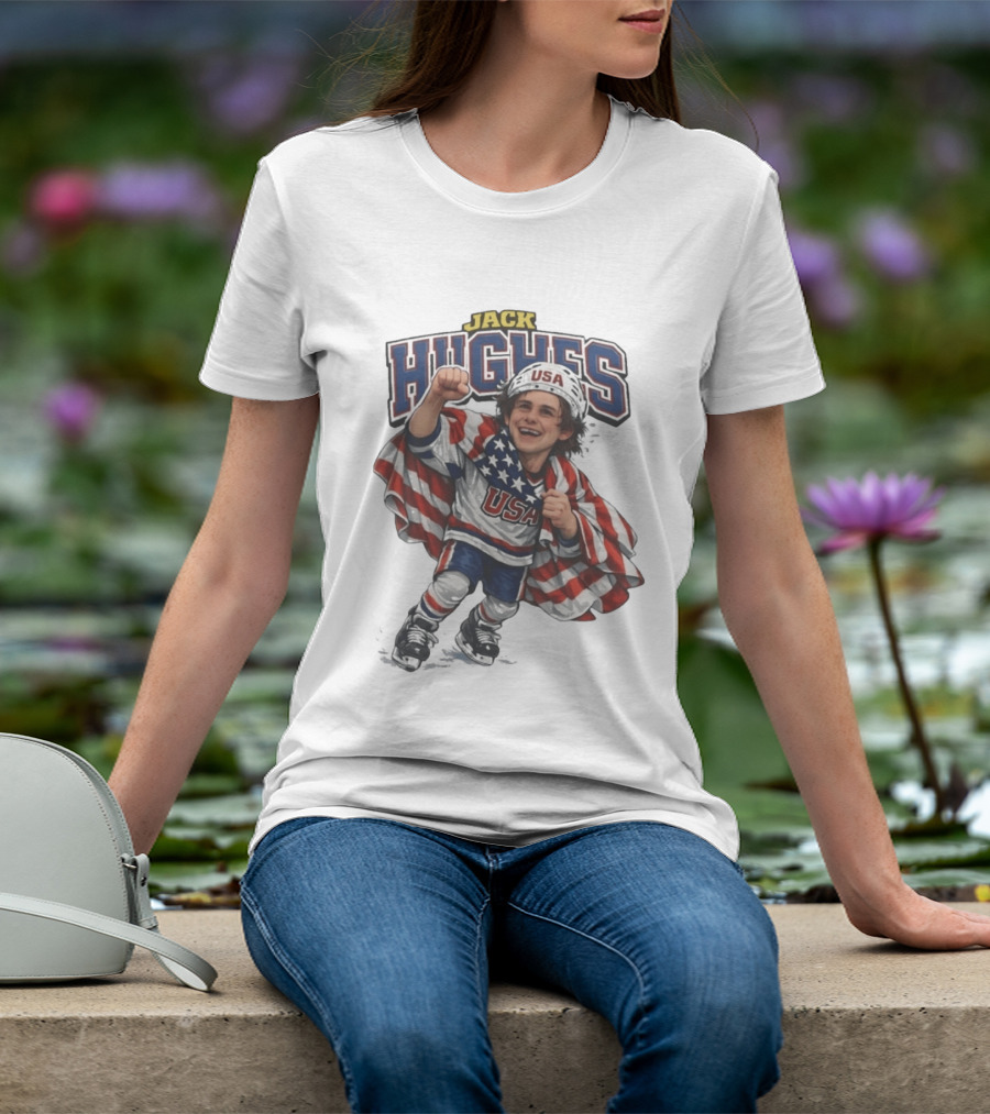 Jack Hughes USA Hockey Caricature American Flag T-Shirt
