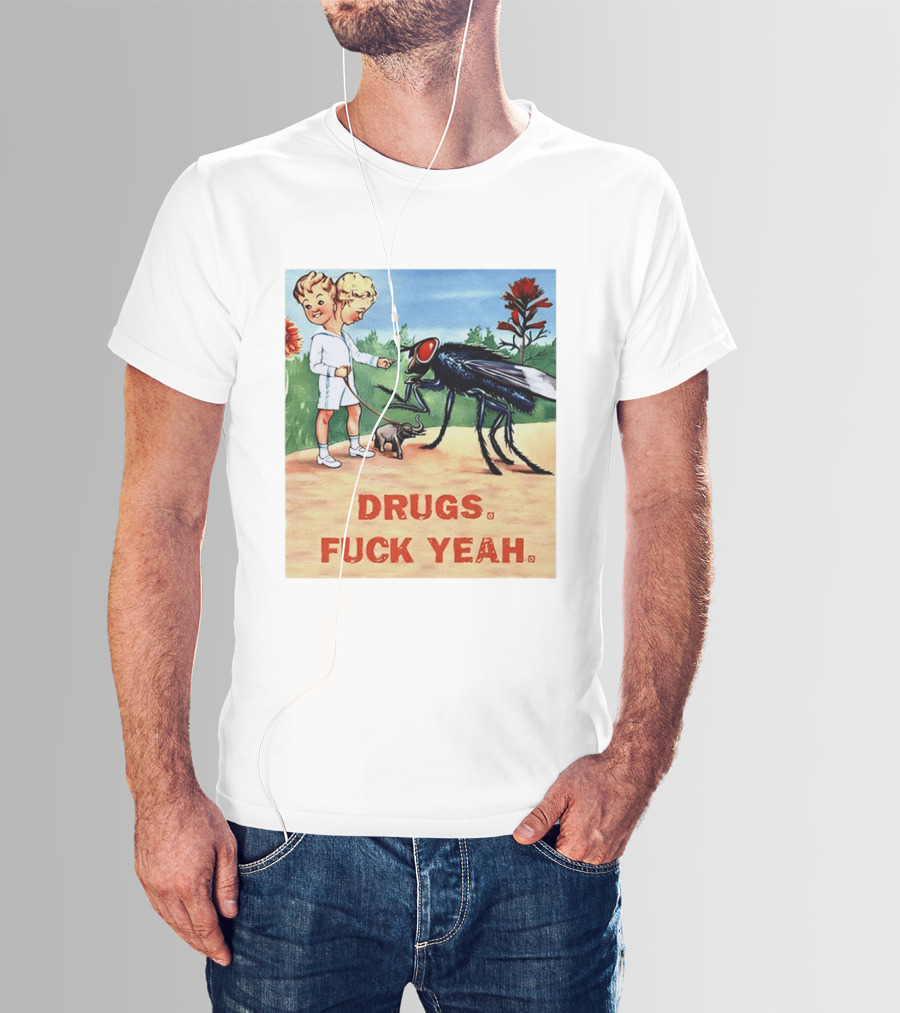 DRUGS FUCK YEAH Retro Cartoon Big Fly Tiny Elephant T-Shirt