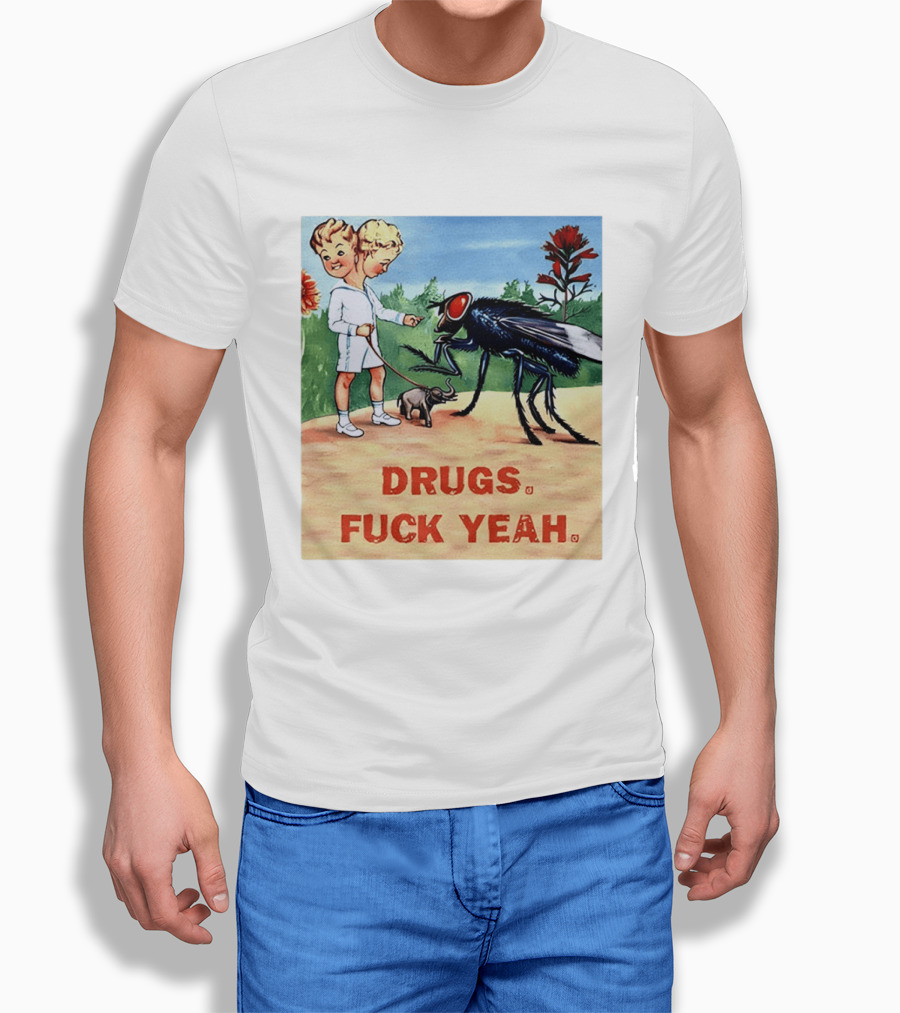 DRUGS FUCK YEAH Retro Cartoon Big Fly Tiny Elephant T-Shirt
