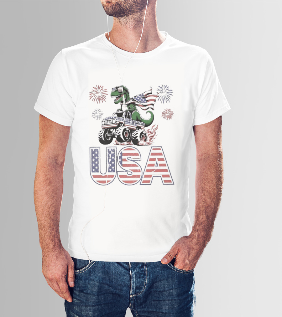 USA Independence Day 4th Of July Rex Monster Truck Fireworks American Flag T-Shirt