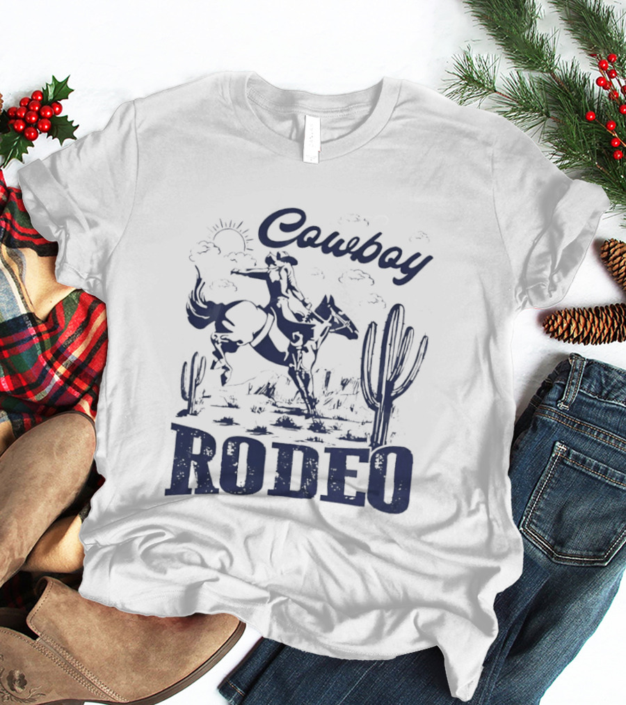 Rodeo Cowboy Horse Riding In Desert Scenery T-Shirt