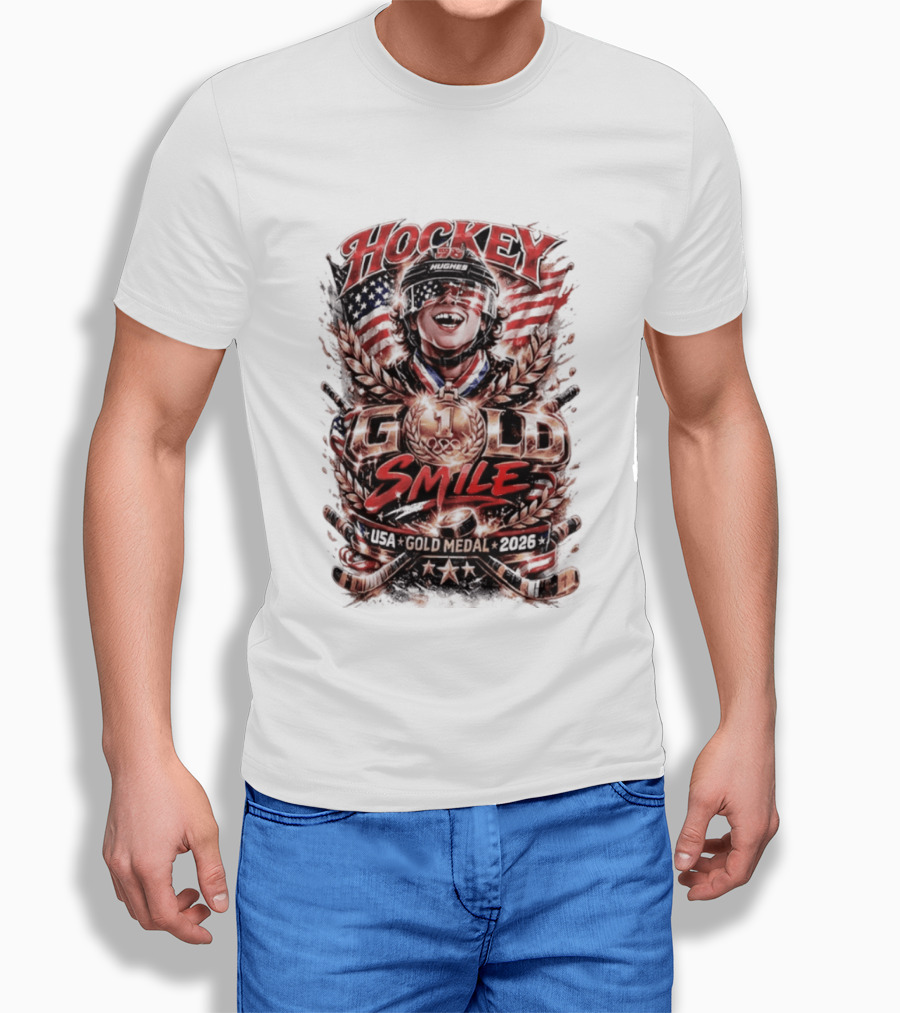 Hockey USA Gold Medal 2026 Gold Smile Hughes Victory T-Shirt