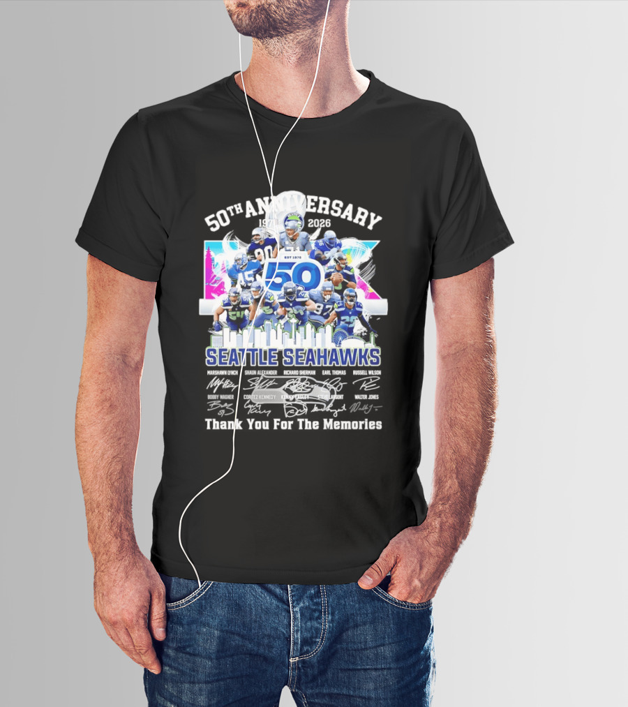 Seattle Seahawks 50th Anniversary Est 1976 Players City Skyline T-Shirt