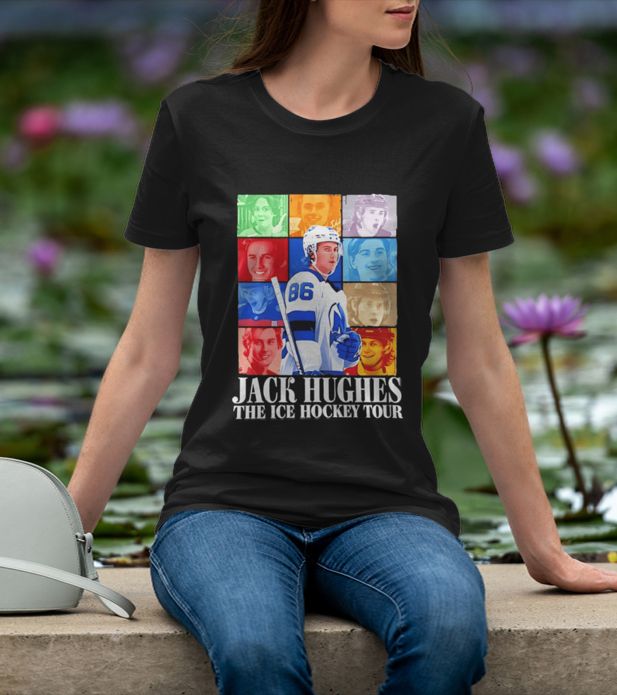 Jack Hughes 86 The Ice Hockey Tour Colorful Portrait Compilation T-Shirt