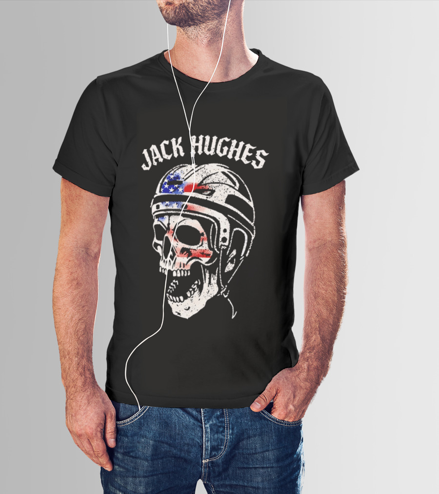 Jack Hughes USA Flag Skull Hockey Helmet T-Shirt