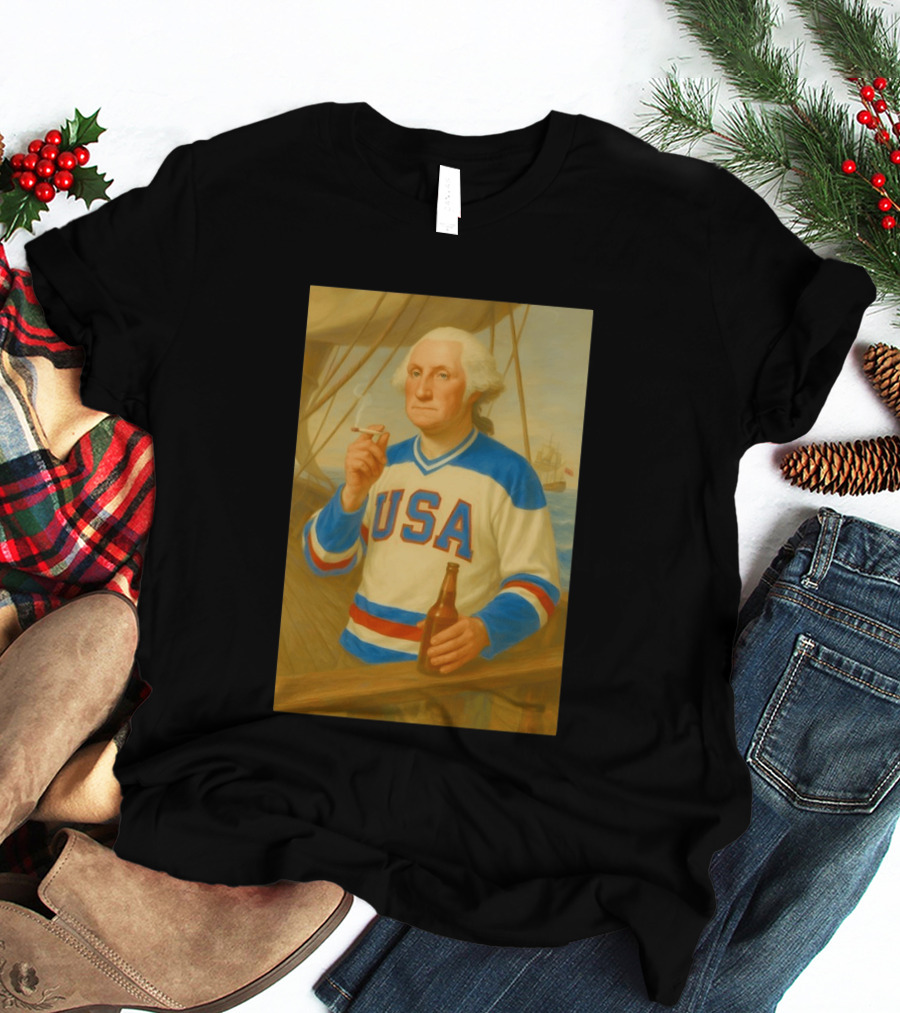 USA Hockey Jersey Wearing George Washington Smoking Holding Beer T-Shirt