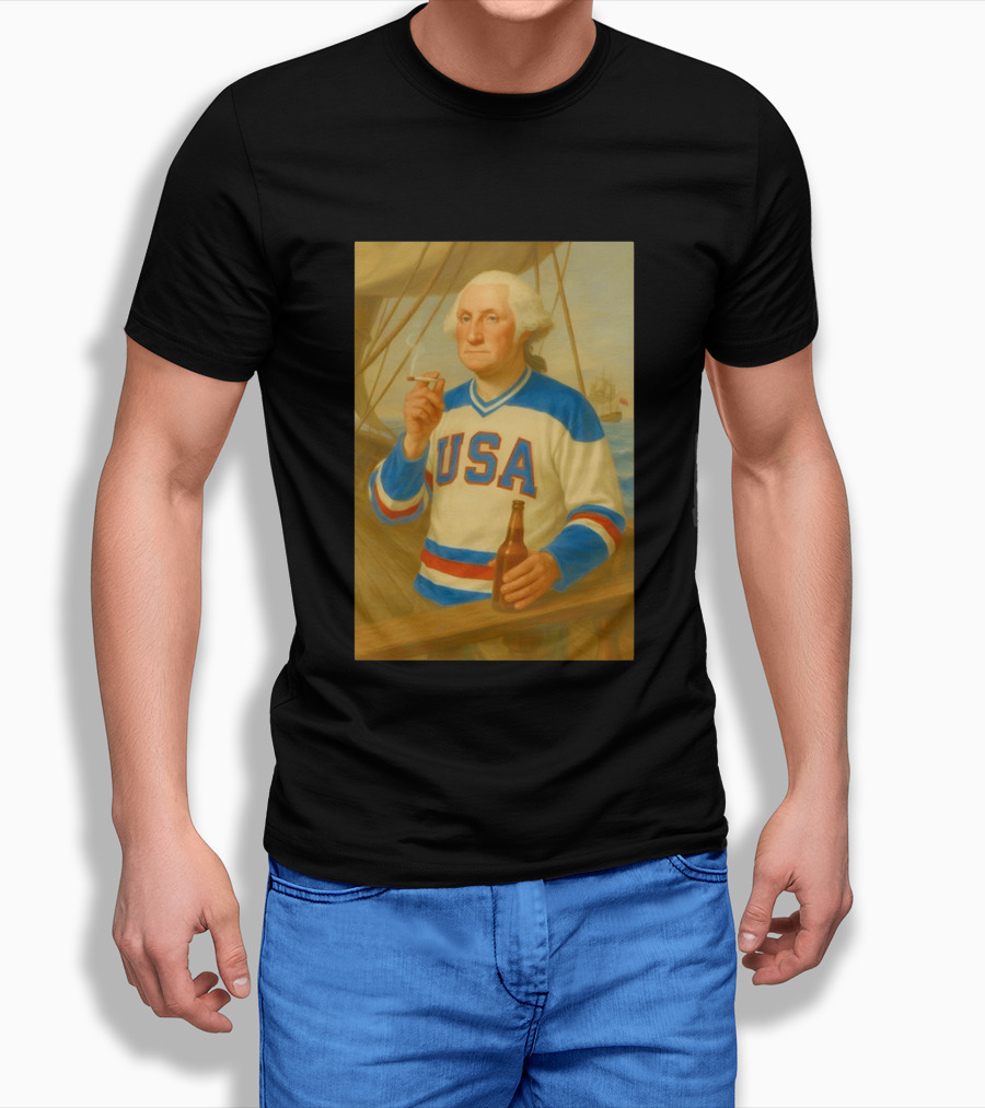 USA Hockey Jersey Wearing George Washington Smoking Holding Beer T-Shirt