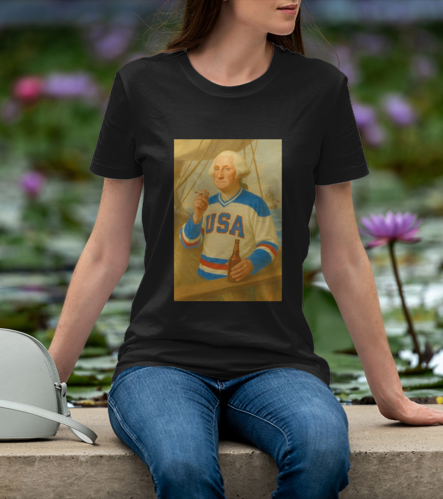 USA Hockey Jersey Wearing George Washington Smoking Holding Beer T-Shirt