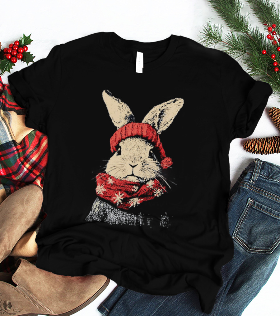 Bunny Rabbit In Red Knit Hat With Snowflake Scarf Winter T-Shirt