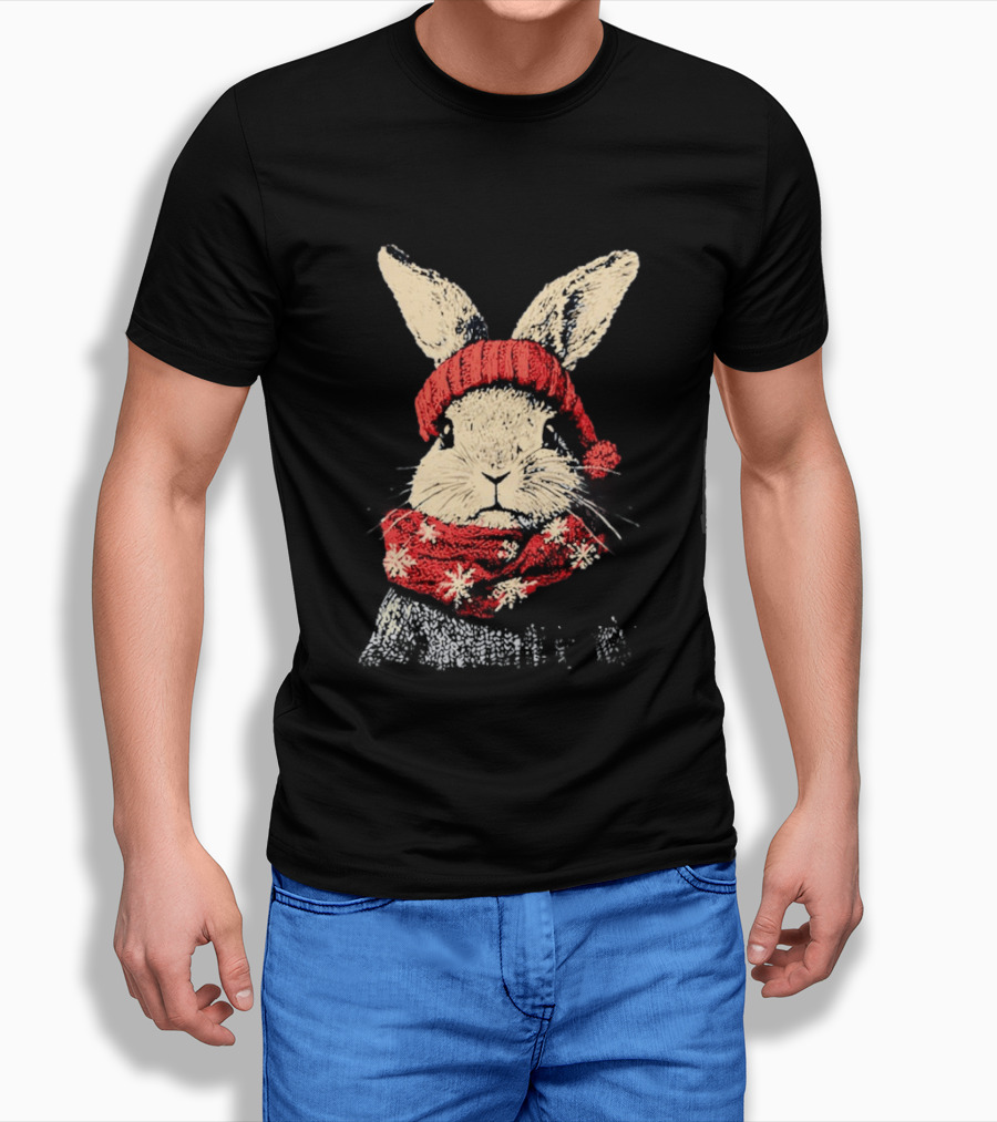 Bunny Rabbit In Red Knit Hat With Snowflake Scarf Winter T-Shirt