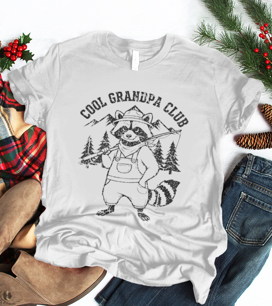 Cool Grandpa Club Raccoon With Fishing Rod And Mountain Trees T-Shirt