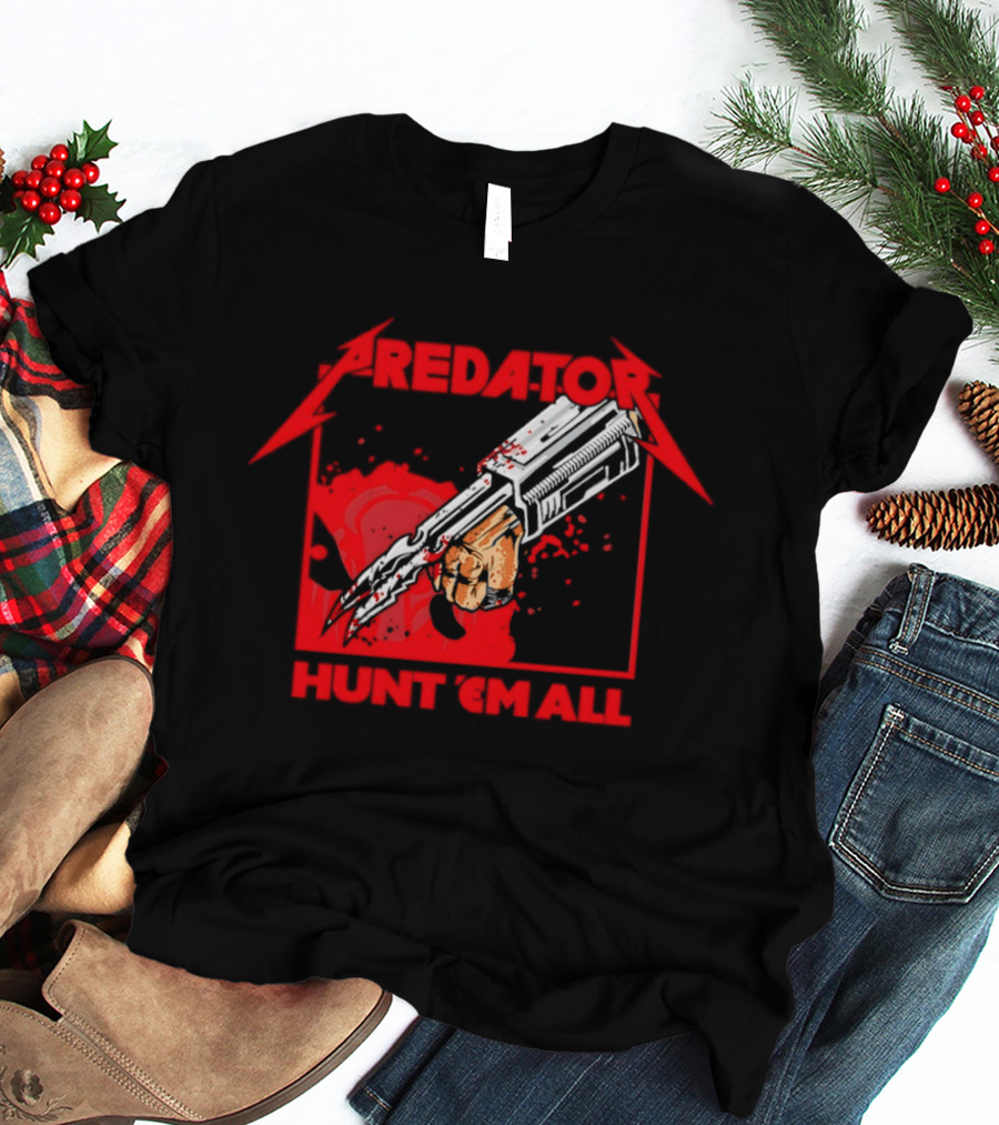 Hunt 'Em All With Iconic Predato Red Text And Weaponry T-Shirt