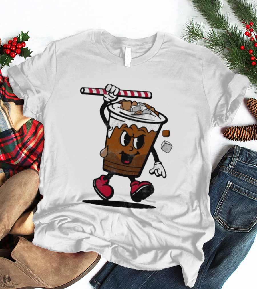 Reading Iced Coffees Cartoon Cup Character Fun T-Shirt