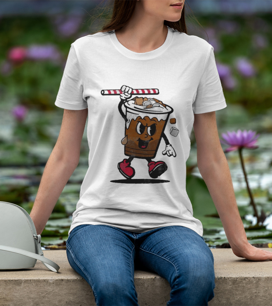 Reading Iced Coffees Cartoon Cup Character Fun T-Shirt