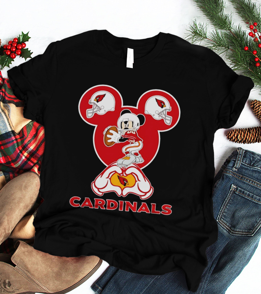 Arizona Cardinals Mickey Mouse Heart Hands Football Helmets T-Shirt